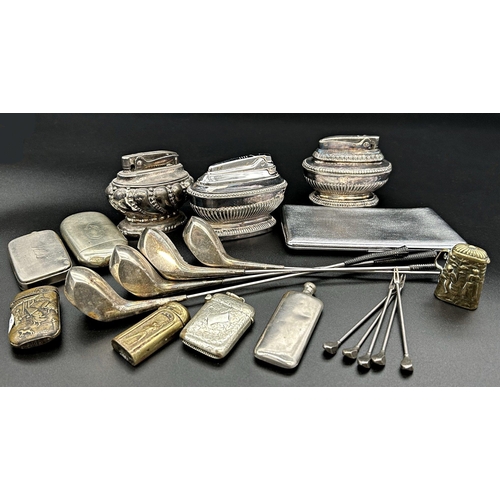 206 - Mixed collection of cabinet silver plated items to include three Ronson lighters, set of four white ... 