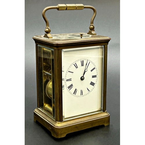 385 - French R & Co of Paris repeater carriage clock, brass case, enamel dial with roman numerals, strikin... 