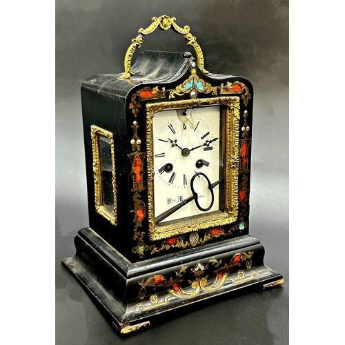 386 - 19th century Henry Marc of Paris boulle work ebonised shelf clock, lancet case, twin train enamel di... 