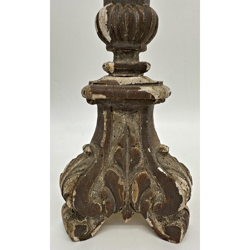 1155 - Pair of 18th century probably Italian carved softwood ecclesiastical pricket candle sticks, traces o... 