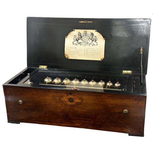 402 - Exceptional quality Swiss walnut cased Nine Bell music box, playing twelve airs, 79cm wide