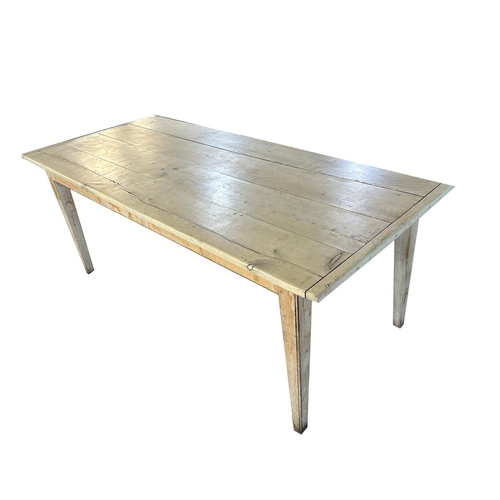 1486 - Good 19th century French lacquered lime wash fruitwood refectory dining table, plank top on pegged t... 