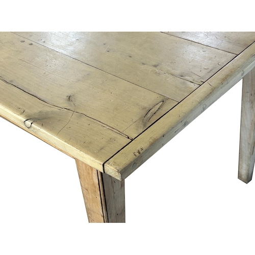 1486 - Good 19th century French lacquered lime wash fruitwood refectory dining table, plank top on pegged t... 