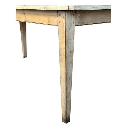 1486 - Good 19th century French lacquered lime wash fruitwood refectory dining table, plank top on pegged t... 