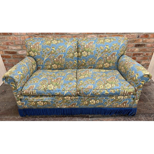 1487 - Possibly by Howard and Sons, two seater sofa, with exotic upholstery on replacement legs, 95cm high ... 