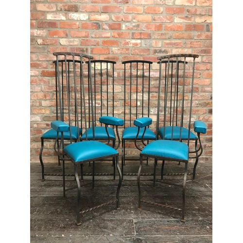 1303 - Set of six Italian mid century brutalist dining chairs, with high back wrought iron frames and vibra... 