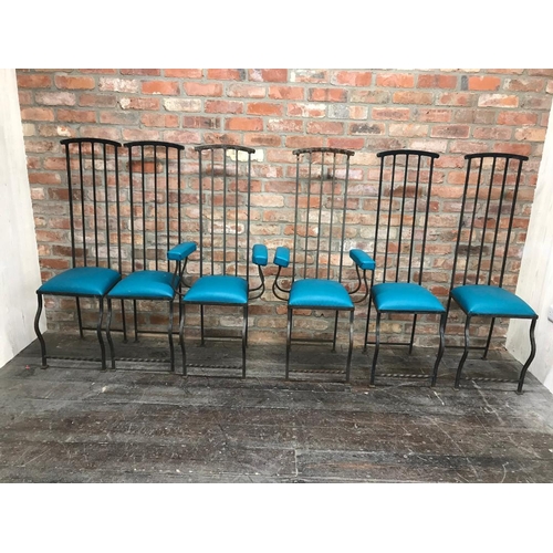 1303 - Set of six Italian mid century brutalist dining chairs, with high back wrought iron frames and vibra... 