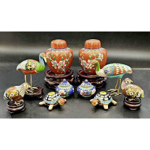 1057 - Mixed collection of small cloisonné pieces comprising vase, animals etc with stands