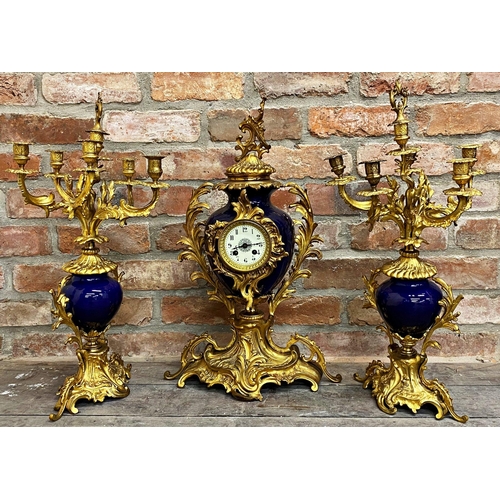 406 - 20th century French ormolu and enamel clock garniture, the clock with twin train drum head movement,... 