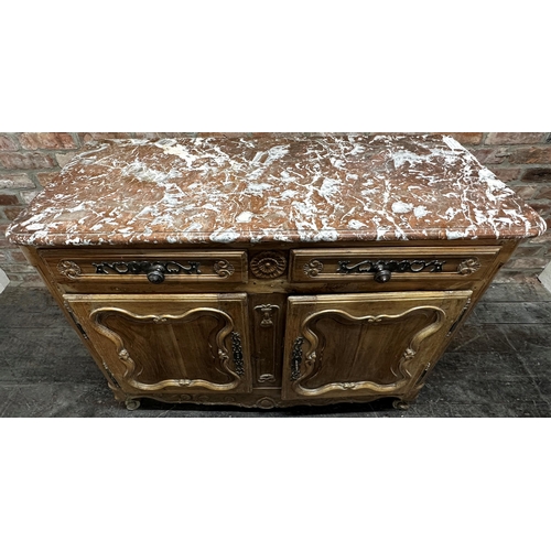 1470 - 18th century French fruitwood marble top buffet, the moulded red-veined marble top over two drawers ... 