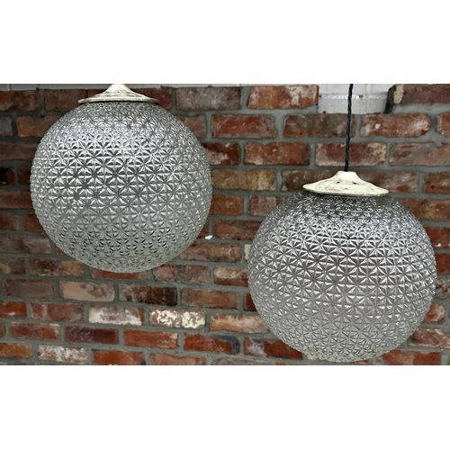 1238 - Good quality Art Deco style pair of glazed pendant lights with geometric pressed decoration, 26cm di... 