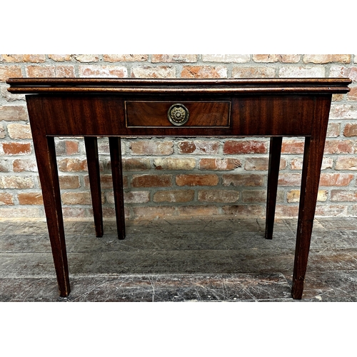 1471 - Georgian flame mahogany fold over tea table, fitted a single drawer upon square tapered legs, 74cm h... 