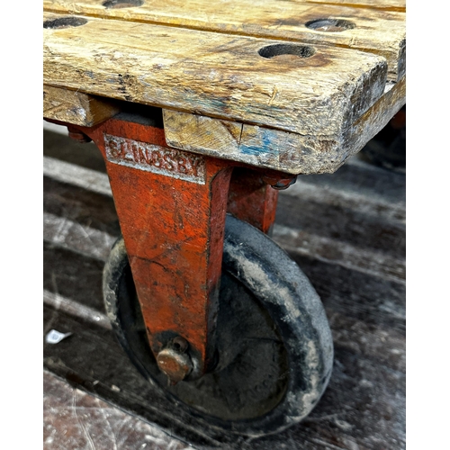 1315 - Vintage industrial Slingsby pine and cast iron trolley, perfect coffee table, with rubber wheels, 30... 