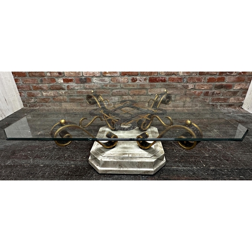 1493 - Impressive classic Italian style coffee table, glass top with canted corners on a scrolled patinated... 