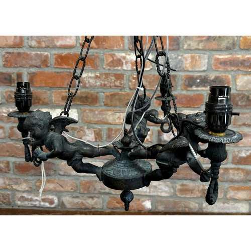 1226 - Good quality cast bronze figural three branch chandelier or ceiling light with three opposing winged... 