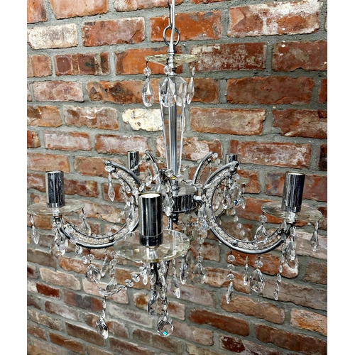 1241 - Three good modern chrome and crystal drop five branch chandeliers, 55cm diameter