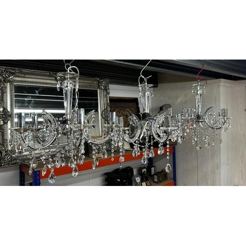 1241 - Three good modern chrome and crystal drop five branch chandeliers, 55cm diameter