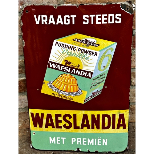 27 - Advertising 'Waelandia' picture enamel sign on brown yellow and green, 59 x 39cm