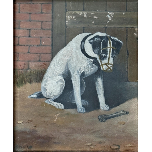 200 - Early 20th century school - portrait of a bridled terrier dog looking at a bone, monogrammed JWM and... 