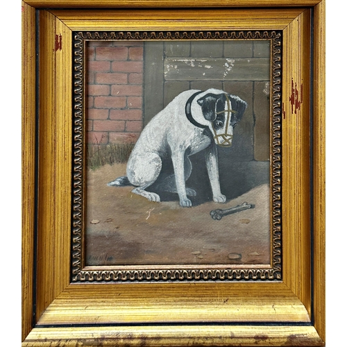 200 - Early 20th century school - portrait of a bridled terrier dog looking at a bone, monogrammed JWM and... 