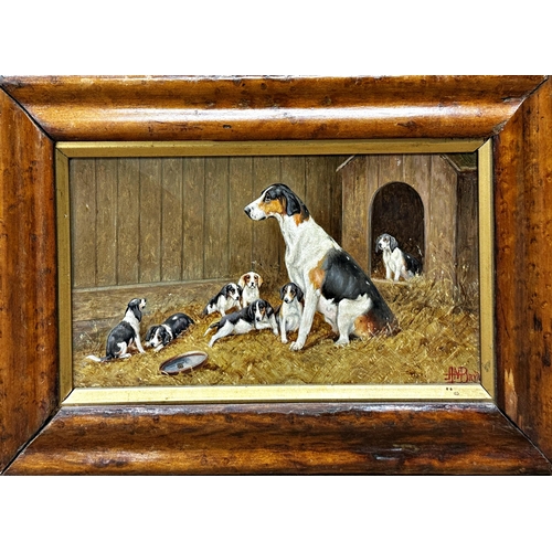 201 - 20th century school - Foxhound with pups, indistinctly signed, oil on board, 12 x 22cm, birds eye ma... 