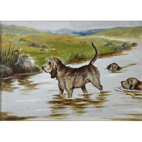 202 - F* N* Drake (early 20th century) - Otter Hounds at work, signed and dated 1905, oil on canvas laid o... 