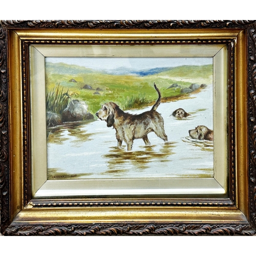 202 - F* N* Drake (early 20th century) - Otter Hounds at work, signed and dated 1905, oil on canvas laid o... 