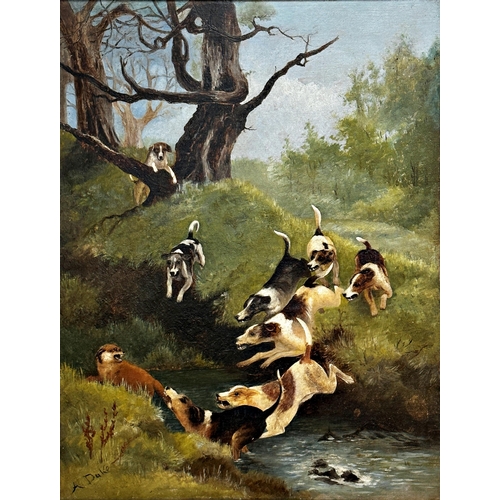 210 - Alfred Duke (1836 - 1915) - Foxhounds chasing a fox through a stream, signed, oil on canvas, 45 x 34... 