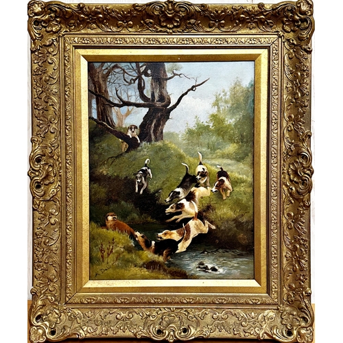 210 - Alfred Duke (1836 - 1915) - Foxhounds chasing a fox through a stream, signed, oil on canvas, 45 x 34... 