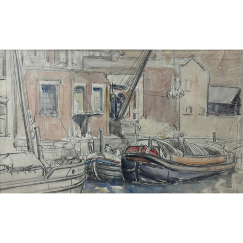 1377 - Ida Simpson (1898-1977) - The Wharf, unsigned, watercolour, 24 x 42cm, framed