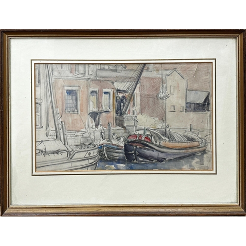 1377 - Ida Simpson (1898-1977) - The Wharf, unsigned, watercolour, 24 x 42cm, framed