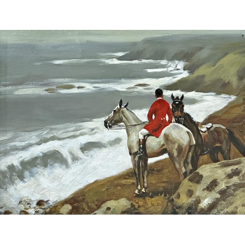 217 - Follower of Sir Alfred Munnings (1878-1959) - Two horses and rider on a cliff edge, unsigned, oil on... 