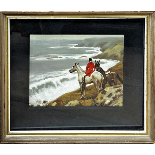 217 - Follower of Sir Alfred Munnings (1878-1959) - Two horses and rider on a cliff edge, unsigned, oil on... 