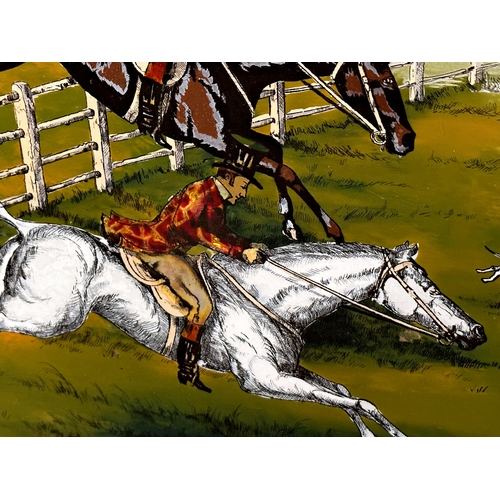 219 - Early 20th century walnut tray fitted with a reverse painted glass panel of a hunt scene, 39 x 52cm