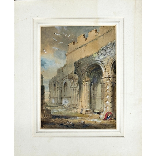 1388 - Louis Haghe (1806-1885) - Exotic landscape of ruins with a kneeling figure, signed in pencil, waterc... 