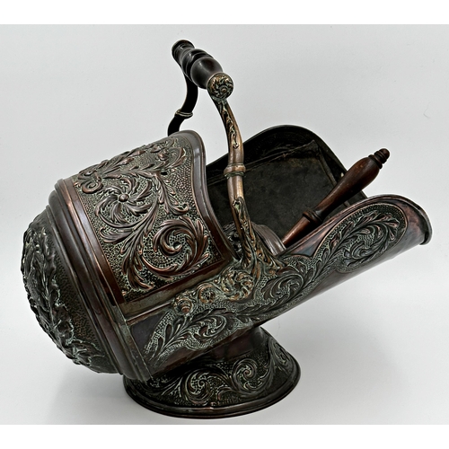 579 - Good Victorian copper coal scuttle and shovel, with repousse scrolled acanthus, 43cm high (2)