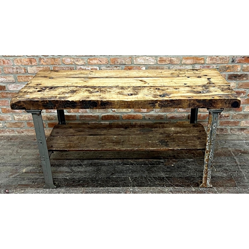 1170 - Exceptional rugged vintage Industrial two tier side table or island, with thick pine top and under t... 