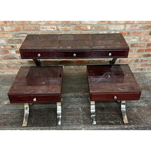 1172 - Designer leather clad three drawer side table, with three drawers on chrome legs, 121cm long x 78cm ... 