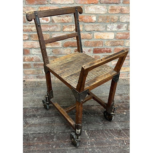 1174 - Vintage Industrial French Postal trolley, with copper and iron strapwork and large casters, 93cm hig... 