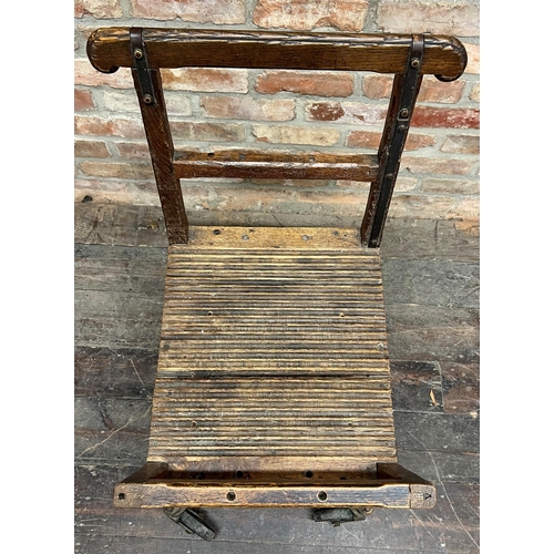 1174 - Vintage Industrial French Postal trolley, with copper and iron strapwork and large casters, 93cm hig... 