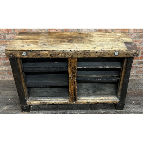 1175 - Incredible vintage Industrial side cabinet with rugged thick pine top, shelved interior and good she... 