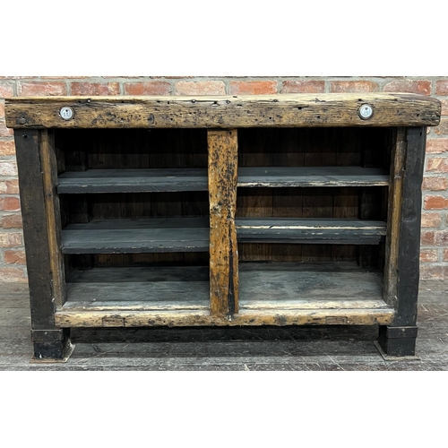 1175 - Incredible vintage Industrial side cabinet with rugged thick pine top, shelved interior and good she... 