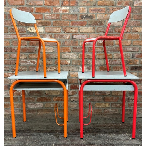 1176 - Pair of French Bauhaus child's school desks and chairs, with colourful tubular steel frames, the des... 