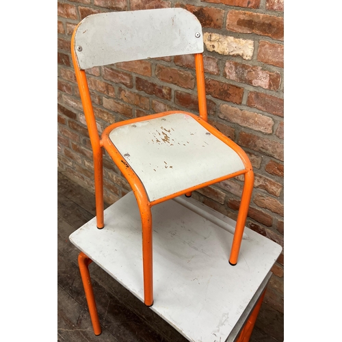 1176 - Pair of French Bauhaus child's school desks and chairs, with colourful tubular steel frames, the des... 