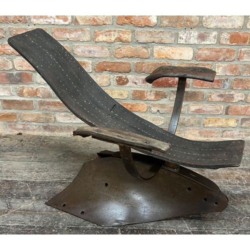 1185 - Vintage Industrial bespoke 'Plough' bondage type chair, iron and leather constructed from plough ele... 