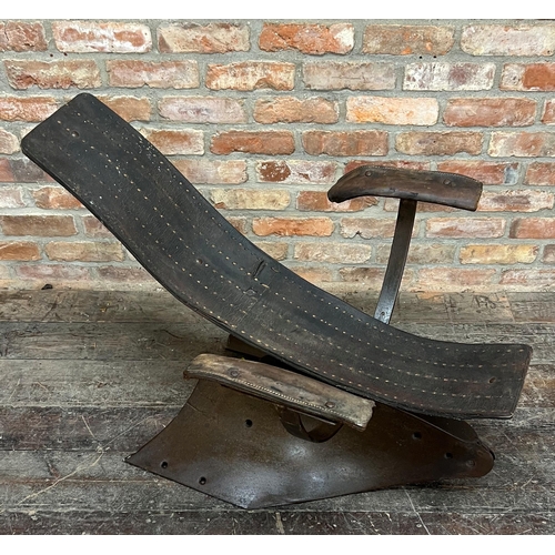 1185 - Vintage Industrial bespoke 'Plough' bondage type chair, iron and leather constructed from plough ele... 