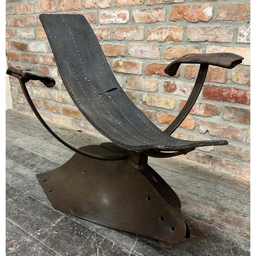 1185 - Vintage Industrial bespoke 'Plough' bondage type chair, iron and leather constructed from plough ele... 