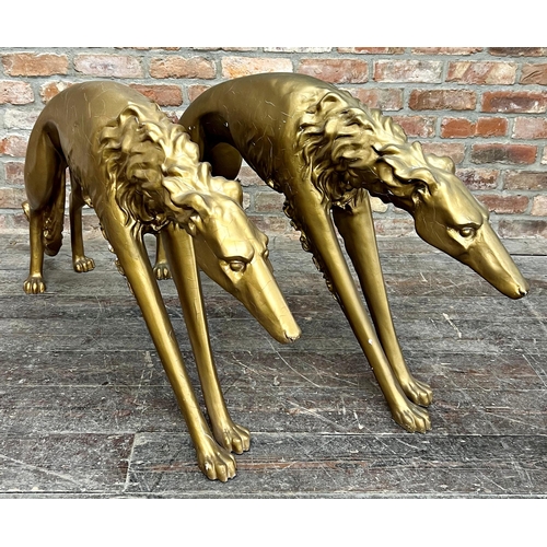 1186 - Large decorative pair of gilt and gesso Borzoi hounds, 70cm high x 130cm long