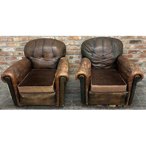 1188 - Pair of well worn Art Deco leather Club lounge chairs, 80cm high x 85cm wide