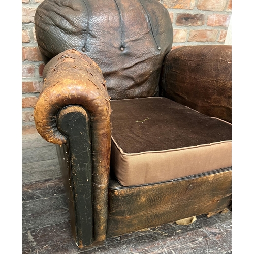 1188 - Pair of well worn Art Deco leather Club lounge chairs, 80cm high x 85cm wide